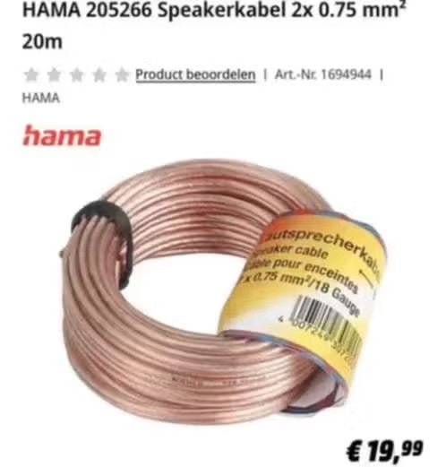 NIEUW! HAMA luidsprekerkabel 2 x 0,75mm x 10 meter €6,99, Ophalen of Verzenden, Nieuw, 10 meter of meer, Luidsprekerkabel