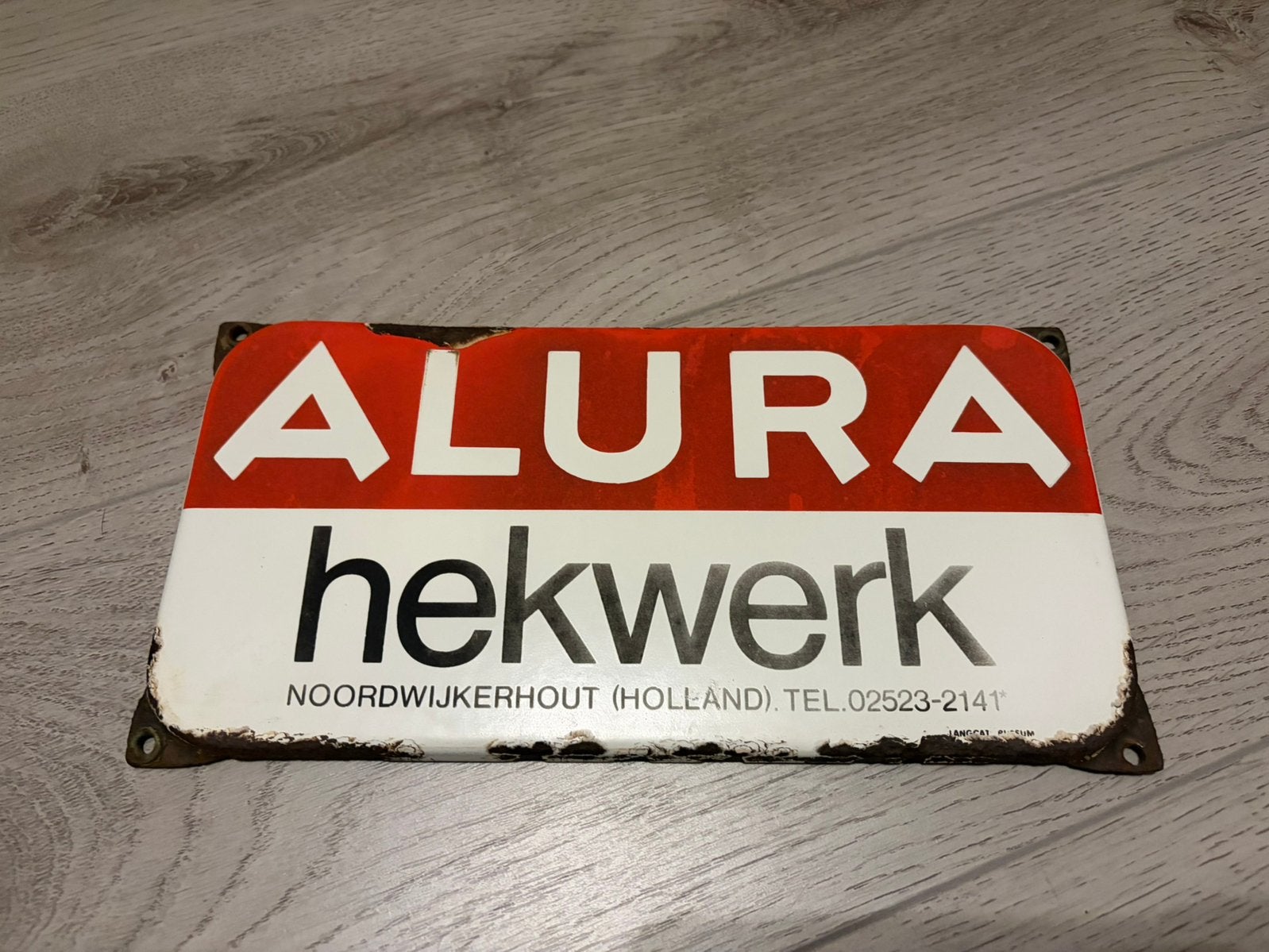Emaille bord alura hekwerk, Ophalen of Verzenden, Gebruikt, Reclamebord