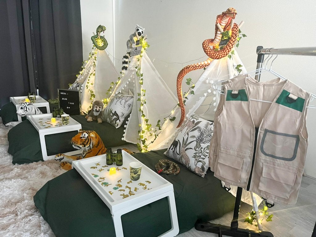 Slaapfeestje kinderen Jungle thema, Hobby en Vrije tijd, Feestartikelen | Verhuur, Ophalen, Zo goed als nieuw, Verjaardag