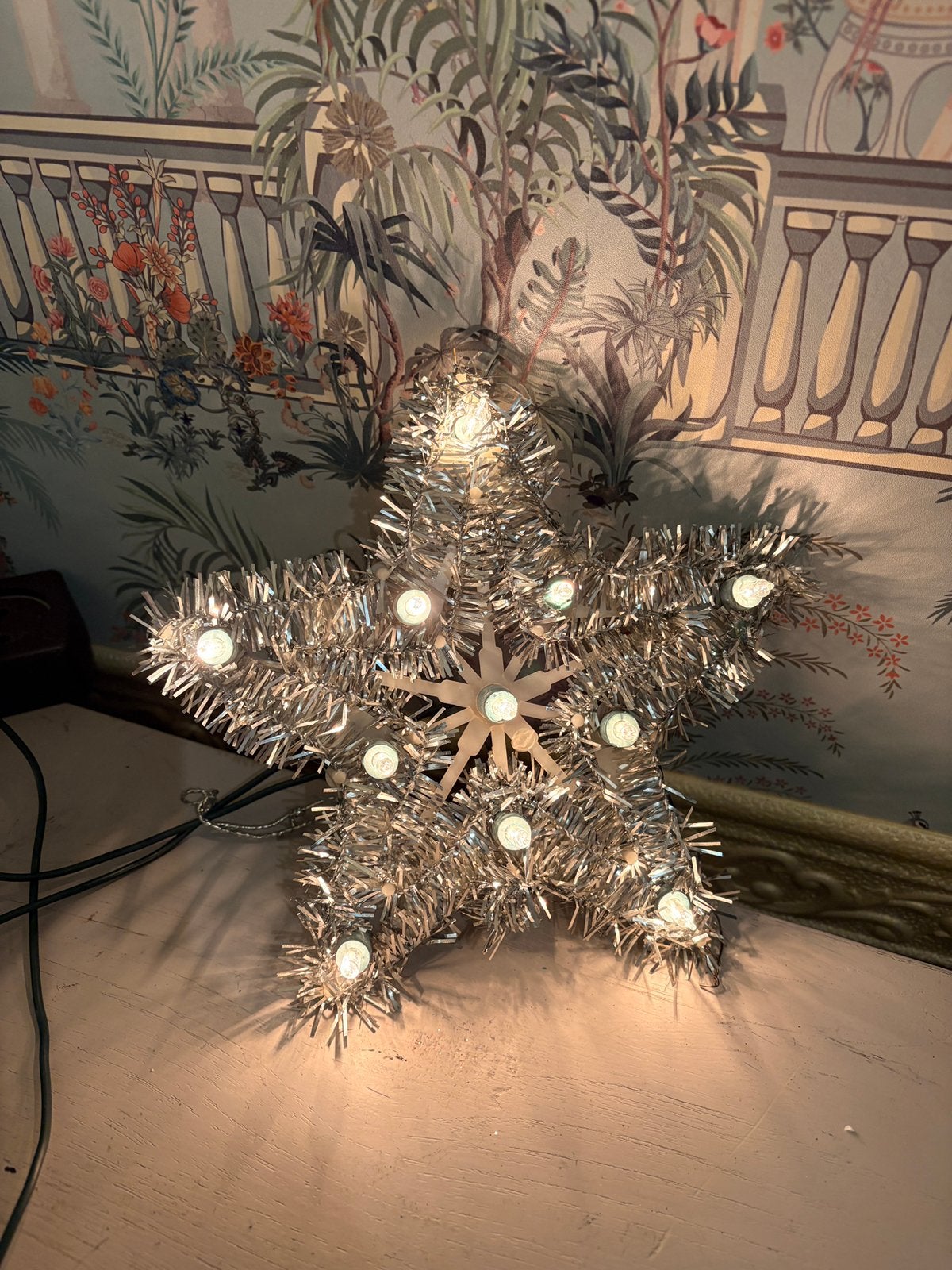 Vintage Kerstboomtop Ster met Verlichting & Tinsel Zilver, Ophalen of Verzenden, Zo goed als nieuw