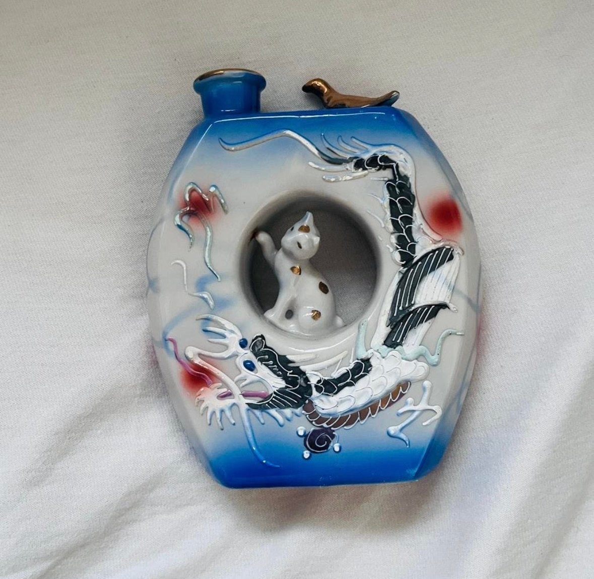 Handgemaakte Porseleinen Fles met Draak en Kat, Antiek en Kunst, Antiek | Porselein, Ophalen of Verzenden