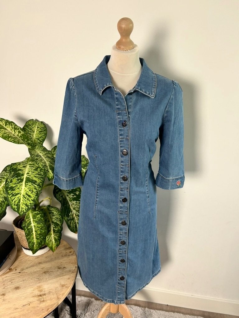 King Louie maat L retro spijker jeans doorknoop jurk 3428, Blauw, Maat 42/44 (L), Ophalen of Verzenden, Zo goed als nieuw