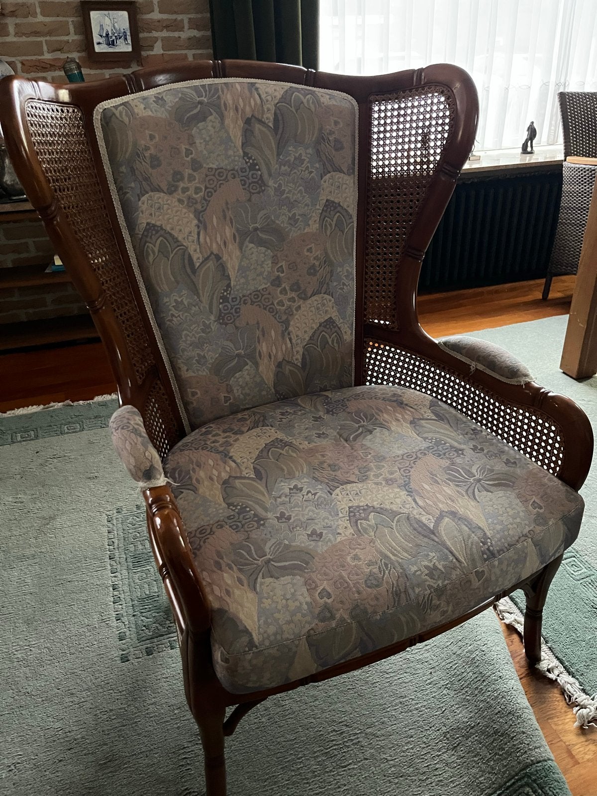 rotan fauteuil met bloemenprint bekleding, Huis en Inrichting, Ophalen, Gebruikt, Overige kleuren, Riet of Rotan