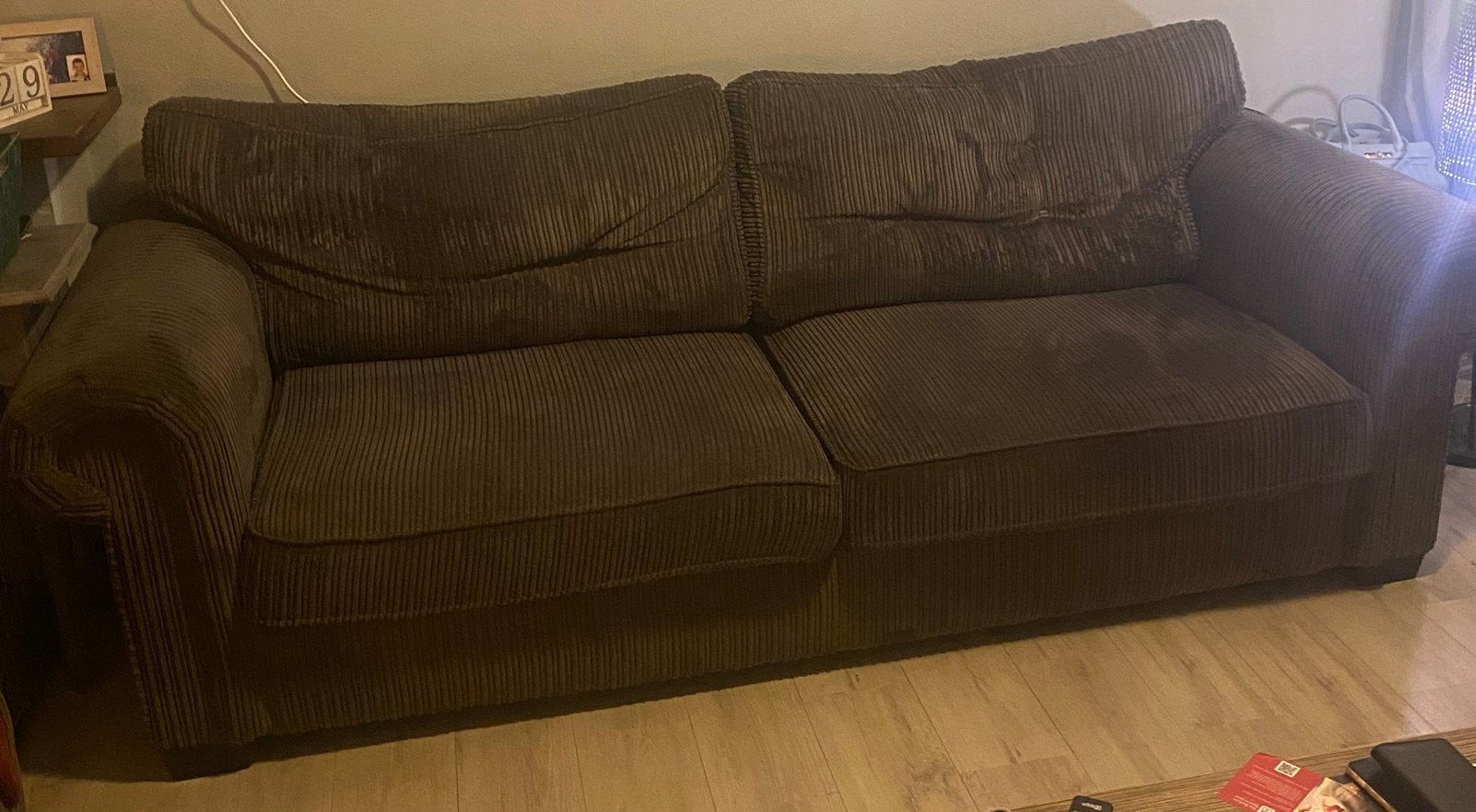 Grijze Ribstof bank en 2 stoelen, Ophalen, Gebruikt, 100 tot 125 cm, Driepersoons