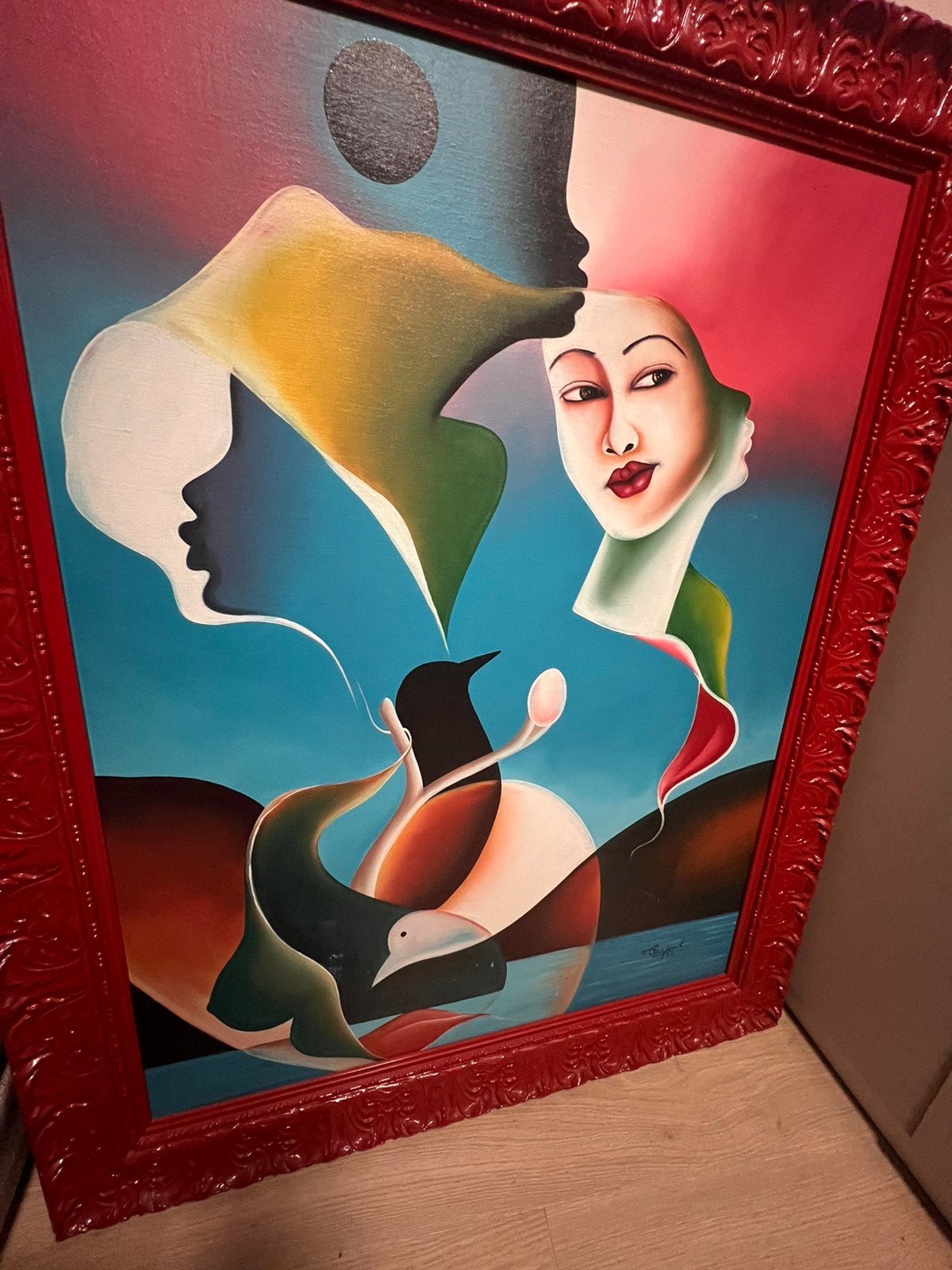 Groot surrealistisvh schilderij, Ophalen, Gesigneerd, Textiel, Figuren