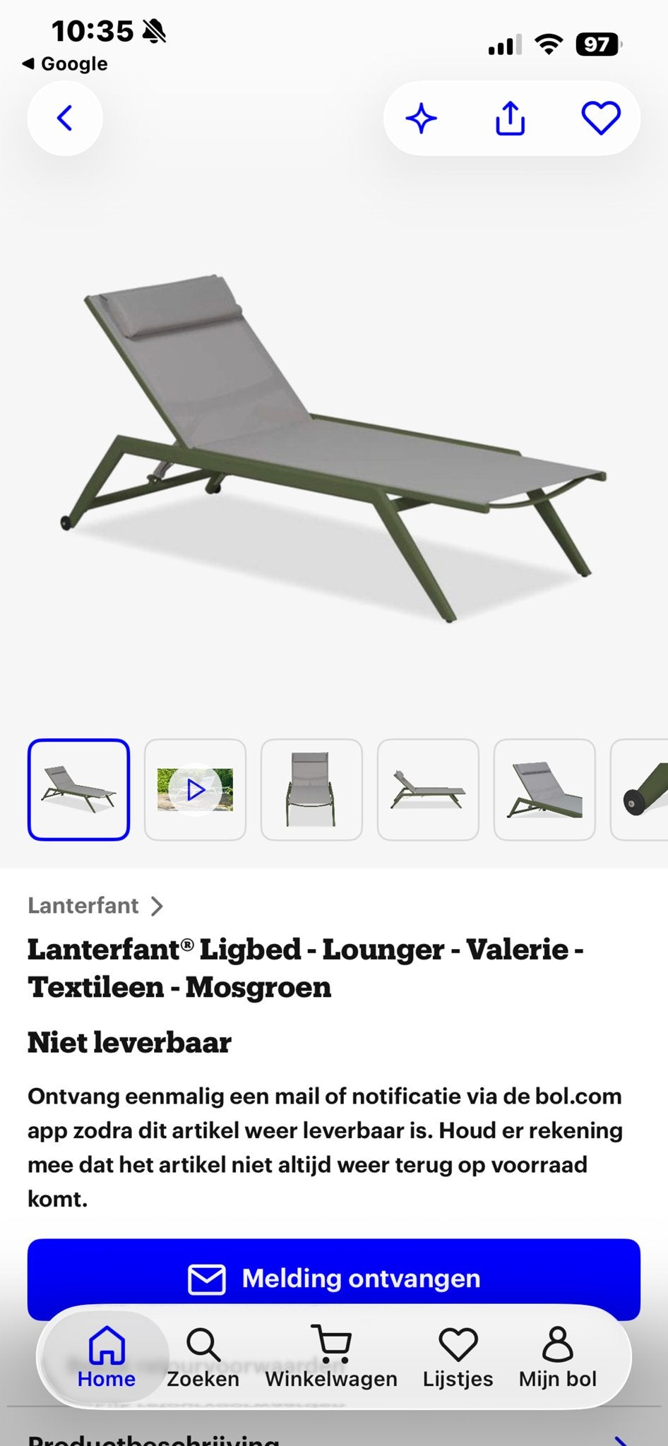 Lanterfant Ligbed Lounger Valerie Textileen Mosgroen, Tuin en Terras, Ophalen, Verstelbaar, Ik, Textileen