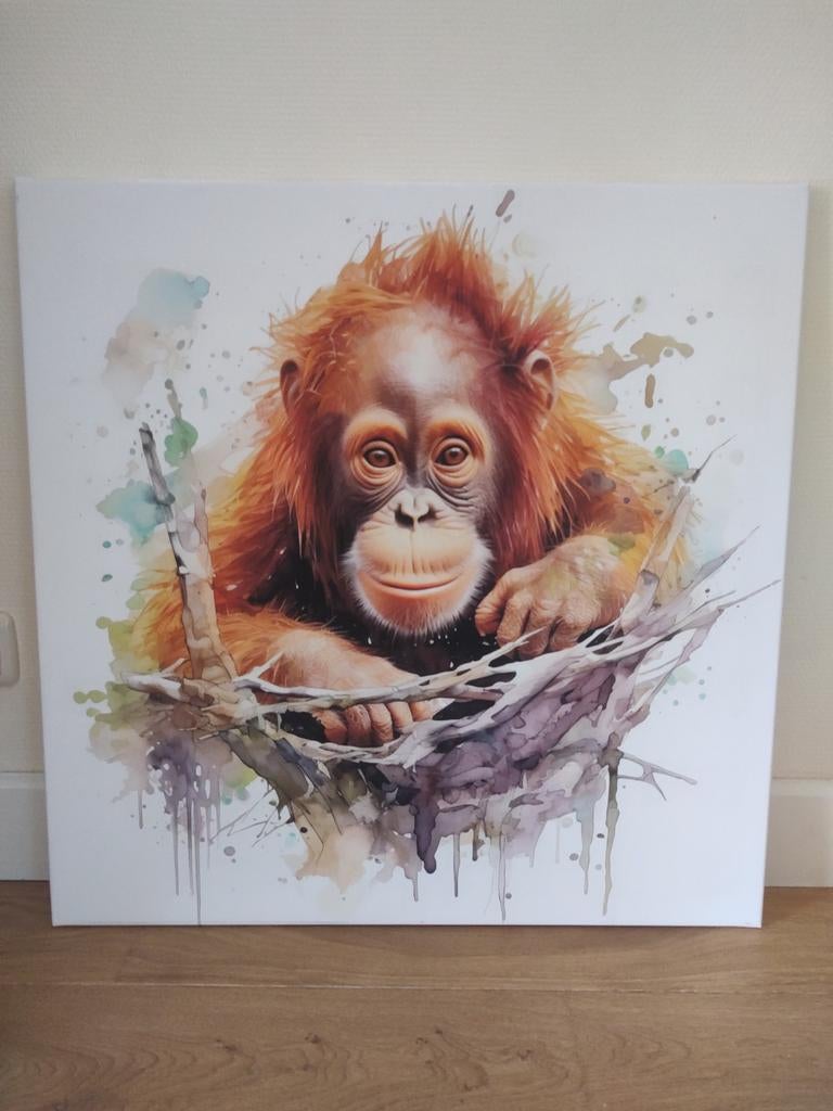 Schilderij Orang-oetan - Canvas, 50 tot 75 cm, Ophalen of Verzenden, Zo goed als nieuw, Schilderij