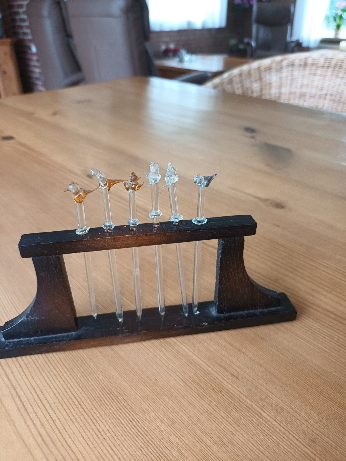 Vintage Glazen Cocktailprikkers met Houten Houder, Ophalen of Verzenden