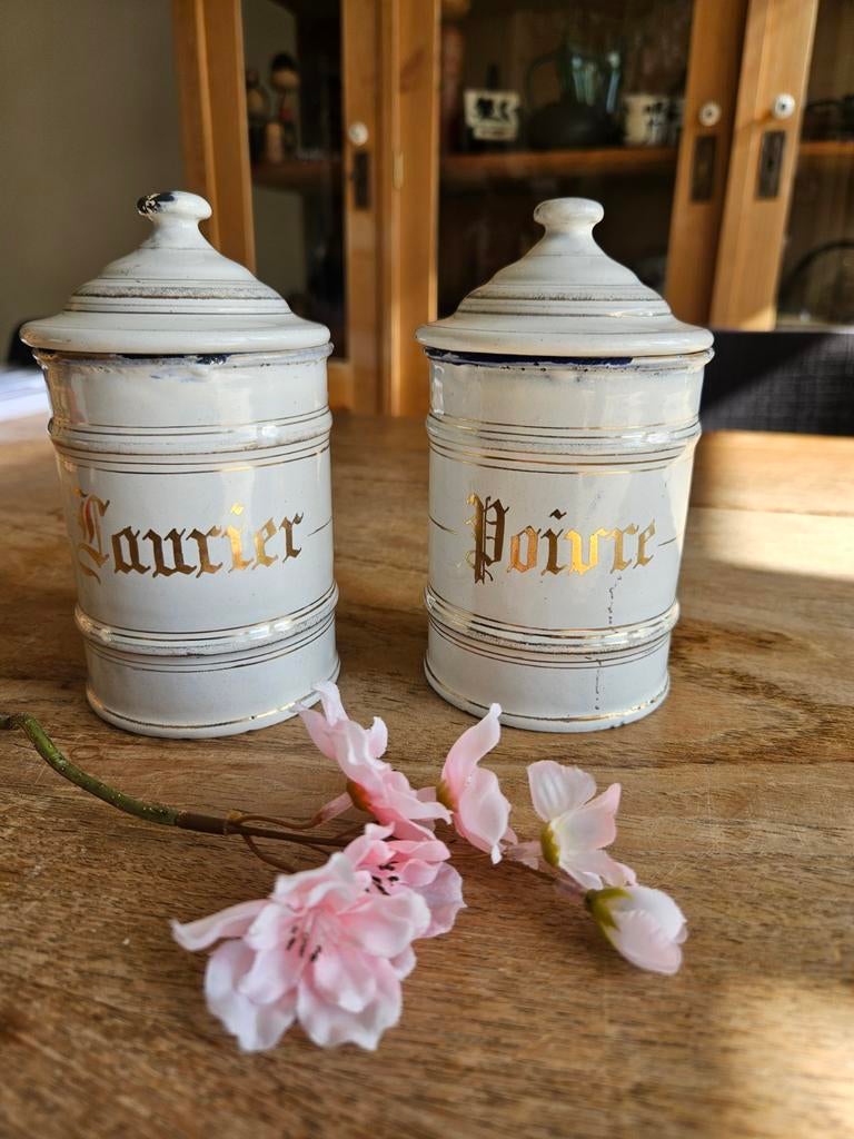 Antieke Franse geëmailleerde voorraadpotten Laurier & Poivre, Ophalen of Verzenden