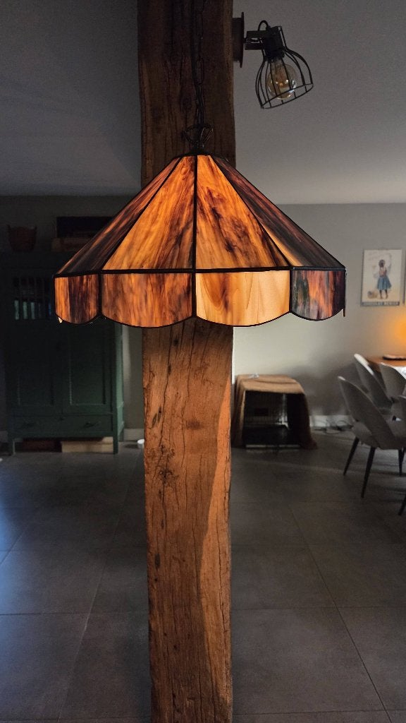 Tiffany hand-made hanglamp, doorsnee 40cm, Ophalen, E27 (groot), Zo goed als nieuw, Glas