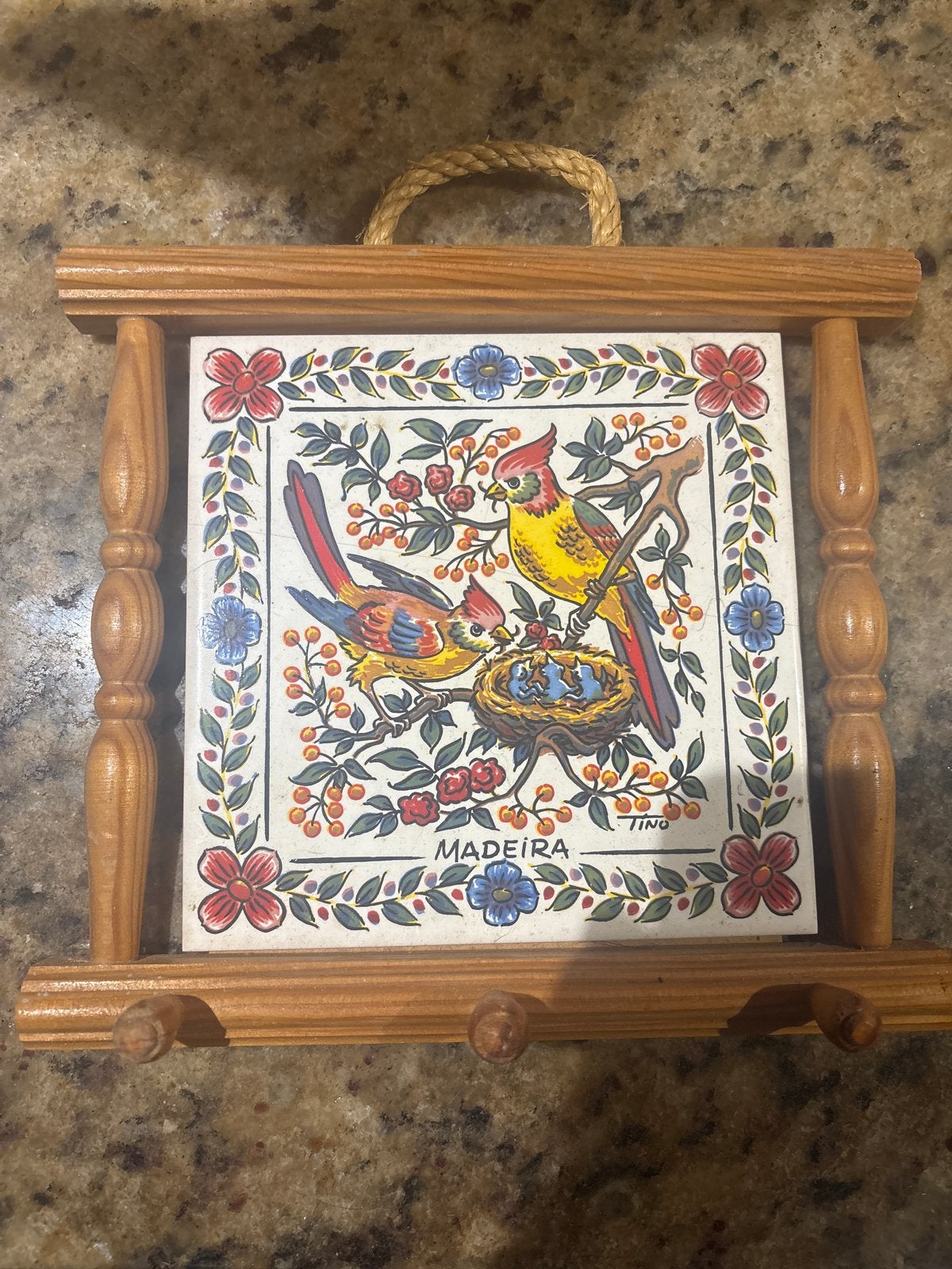 Vintage Madeira Tegel Wanddecoratie met Vogels en Bloemen, Huis en Inrichting, Gebruikt, Meerkleurig, Ophalen of Verzenden, Vintage