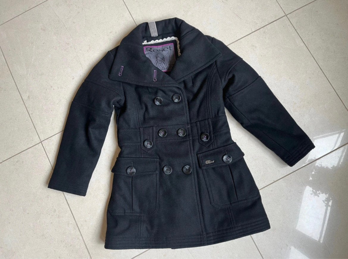 RESET * chique wollen jas/ mantel /trenchcoat zwart mt. 128, Ophalen of Verzenden, Zo goed als nieuw, Meisje, Jas