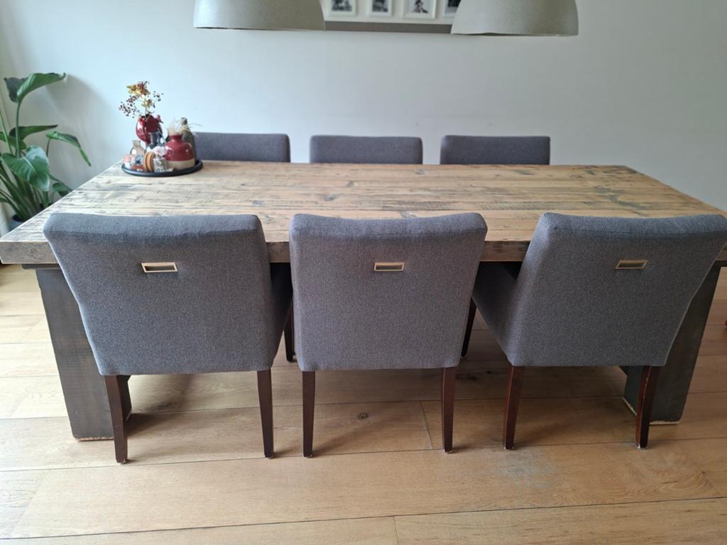 6 stuks eetkamerstoelen Blauw / grijs met armleuning, Huis en Inrichting, Stoelen, Ophalen, Gebruikt, Grijs, Vijf, Zes of meer stoelen