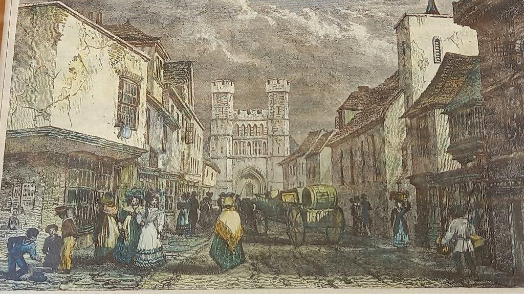 Mooie antieke ingelijste Canterbury gravure uit Engeland., Handgekleurd, 1800 - 1899, Stadsgezicht, Ophalen of Verzenden