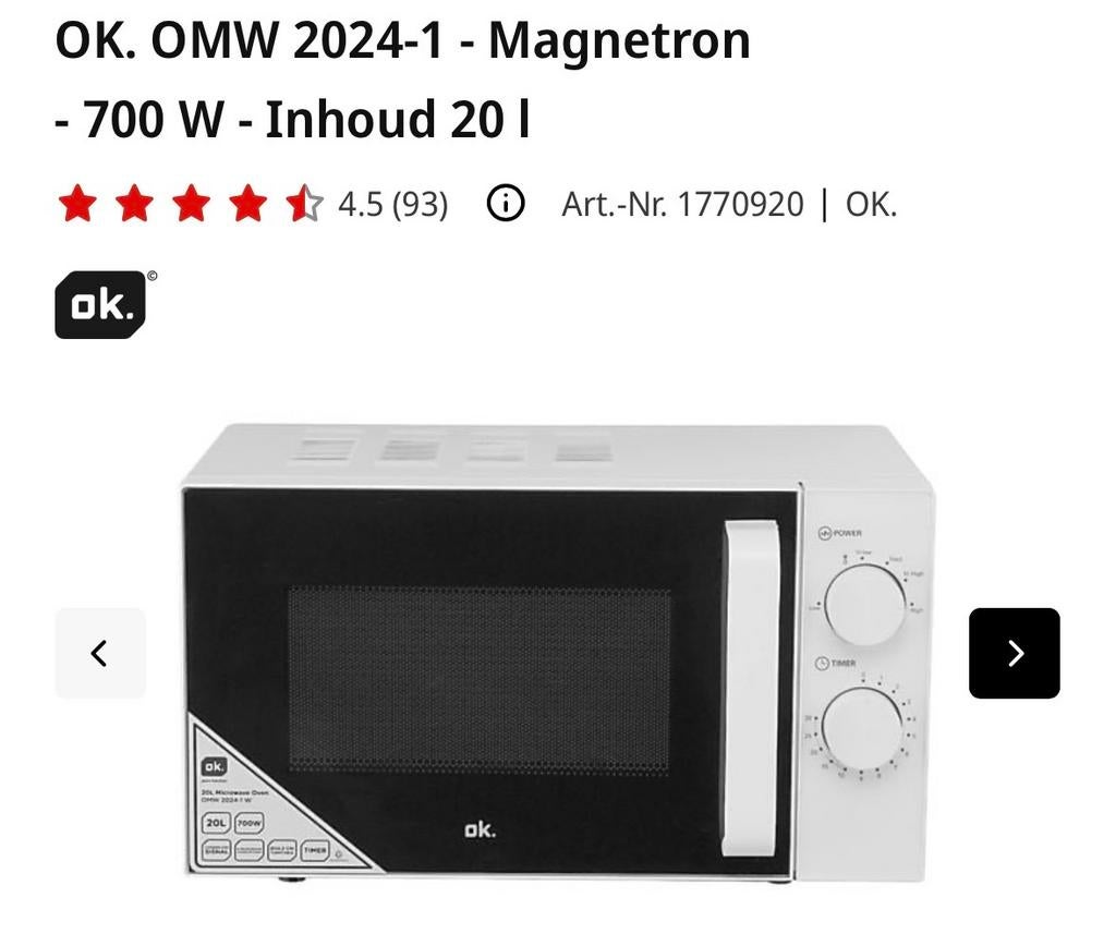 OK. OMW 2024-1 Magnetron - 700W, 20L Inhoud, Witgoed en Apparatuur, Magnetrons, Zo goed als nieuw, Vrijstaand, Magnetron, 45 tot 60 cm