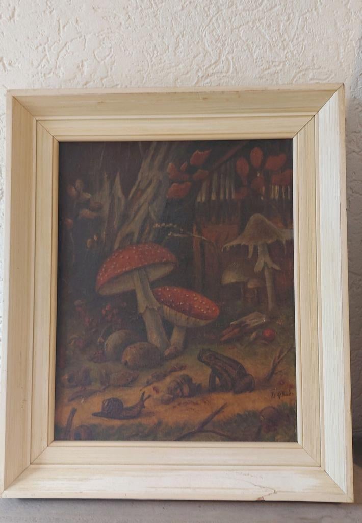 Schilderij Herfsttafereel met Paddenstoelen en Kikker, Ophalen of Verzenden