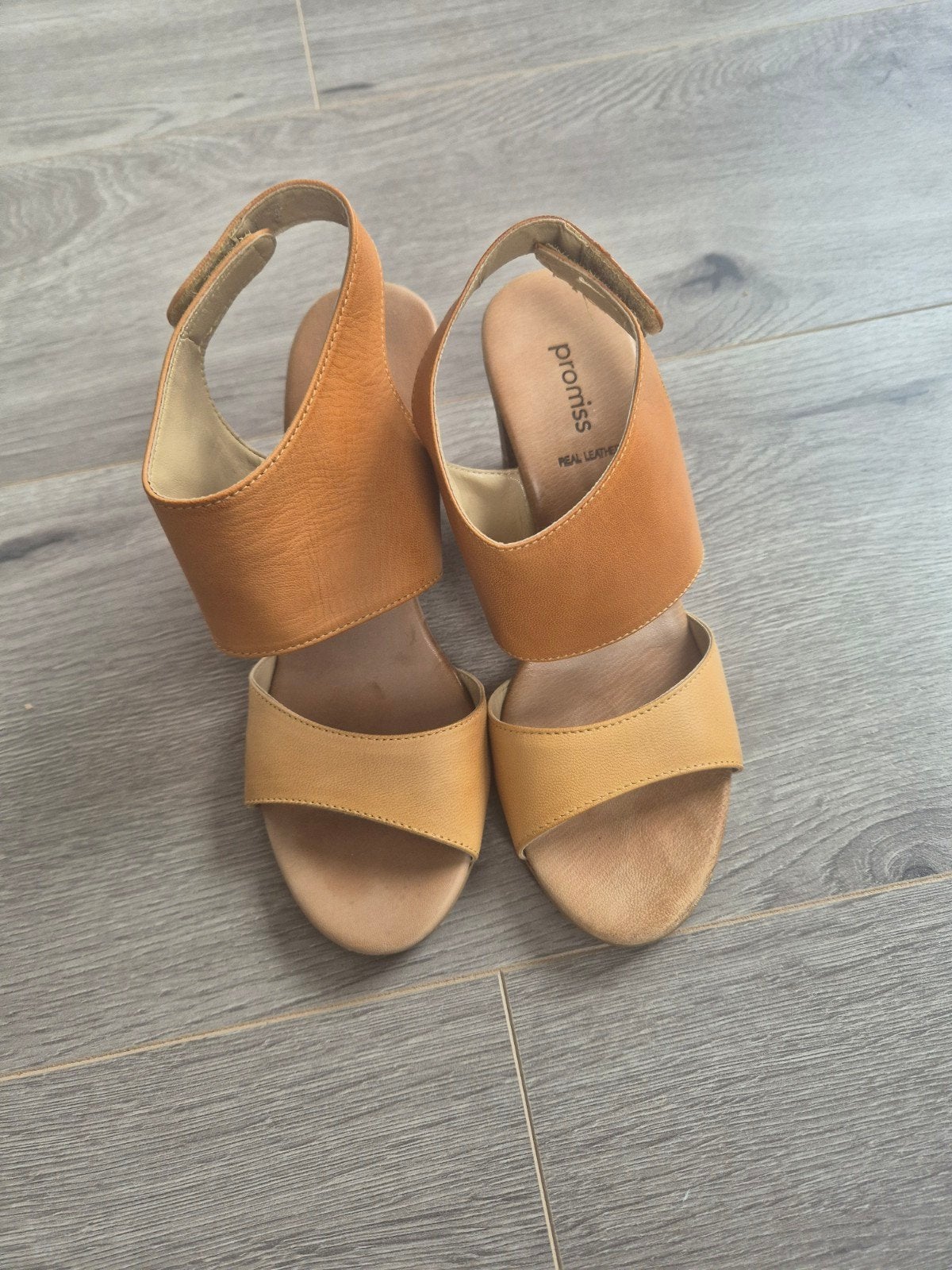 Leren Cognac Sandalen met Blokhak Promiss | Maat 37, Promiss, Bruin, Gedragen, Sandalen of Muiltjes