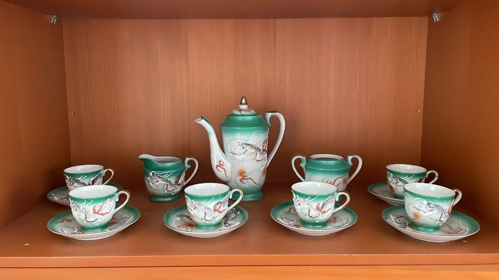 Vintage Japans Dragonware Porseleinen Koffieservies - Groen, Ophalen, Gebruikt, Porselein, Compleet servies