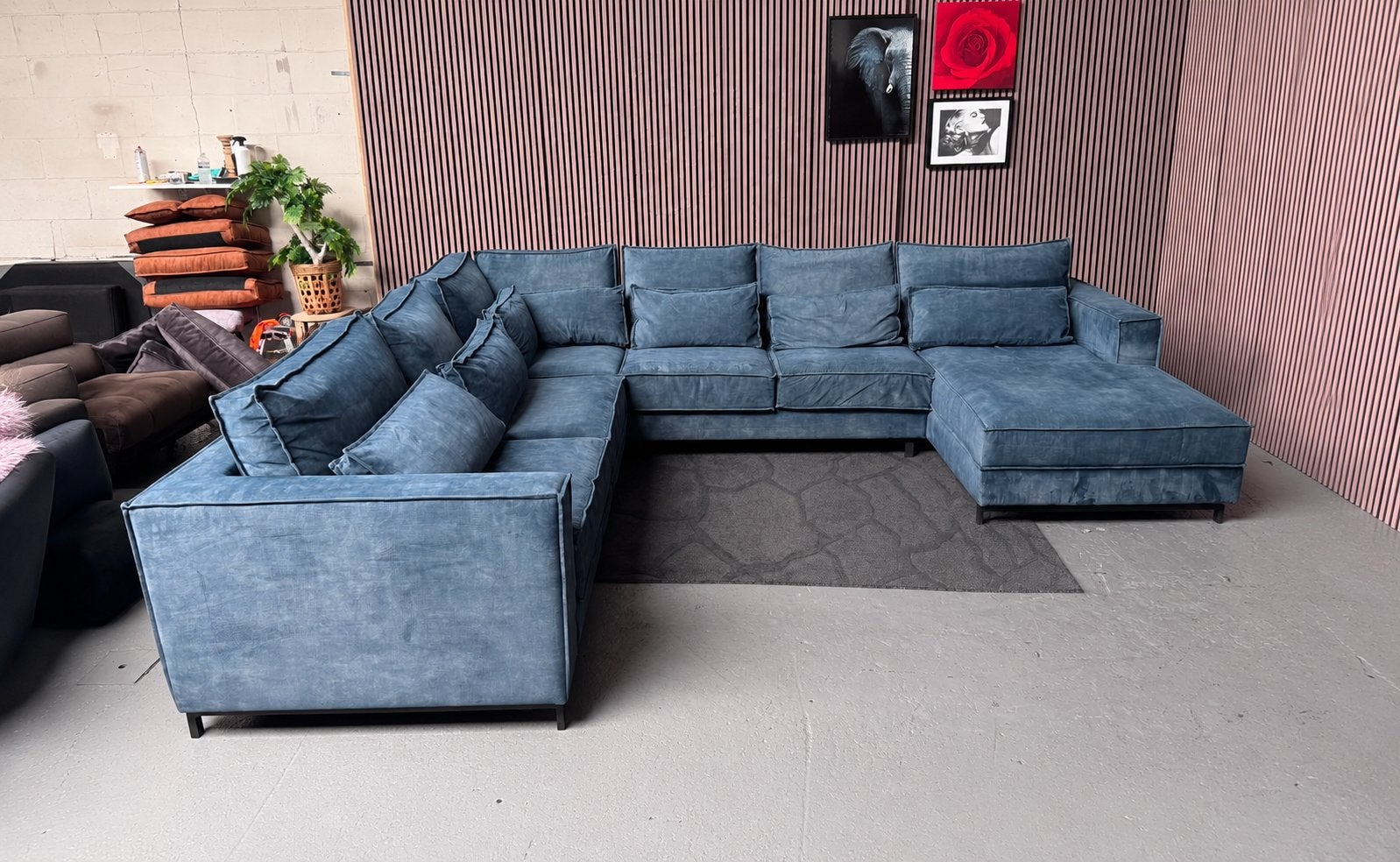 GRATIS LEVERING Velvet U-Bank Blauw 385x335x200 GEREINIGD, Hoekbank, 300 cm of meer, Ophalen of Verzenden, Zo goed als nieuw