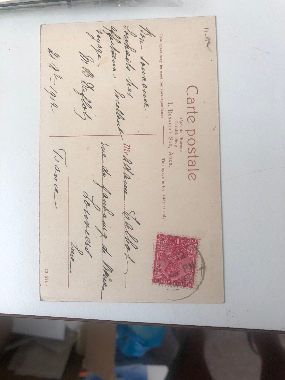 002 ADEN met Indiaas zegel 1912, Ophalen of Verzenden, Envelop