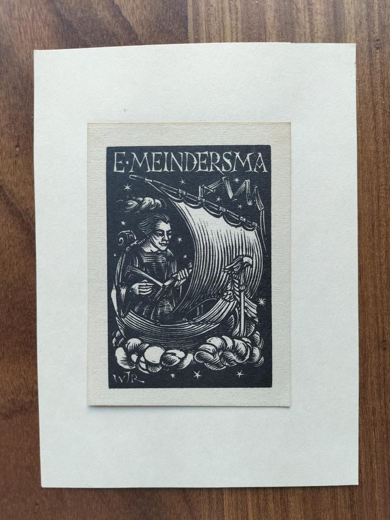 Exlibris E. Meindersma (1926) Houtsnede door W.J. Rozendaal, Antiek en Kunst, Kunst | Etsen en Gravures, Ophalen of Verzenden