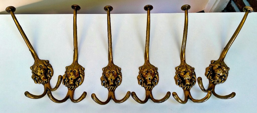 6 Antiek Bronzen Leeuwenkop Kapstok Haken / Kapstokhaken, Wandkapstok, Ophalen of Verzenden, Zo goed als nieuw, Minder dan 100 cm