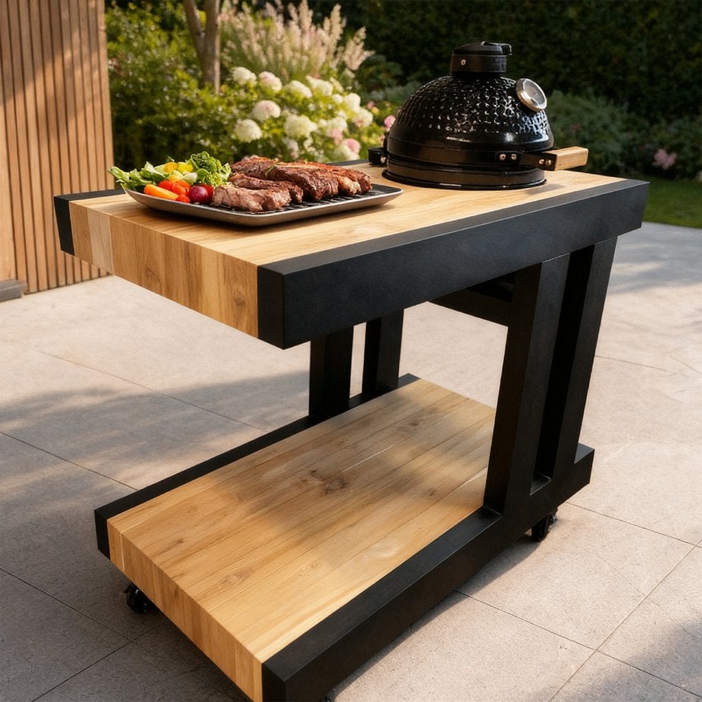 Kamado tafel teak | gepoedercoat aluminium + kamado | mobiel, Ophalen of Verzenden, Nieuw, Houtskool, Vrijstaand