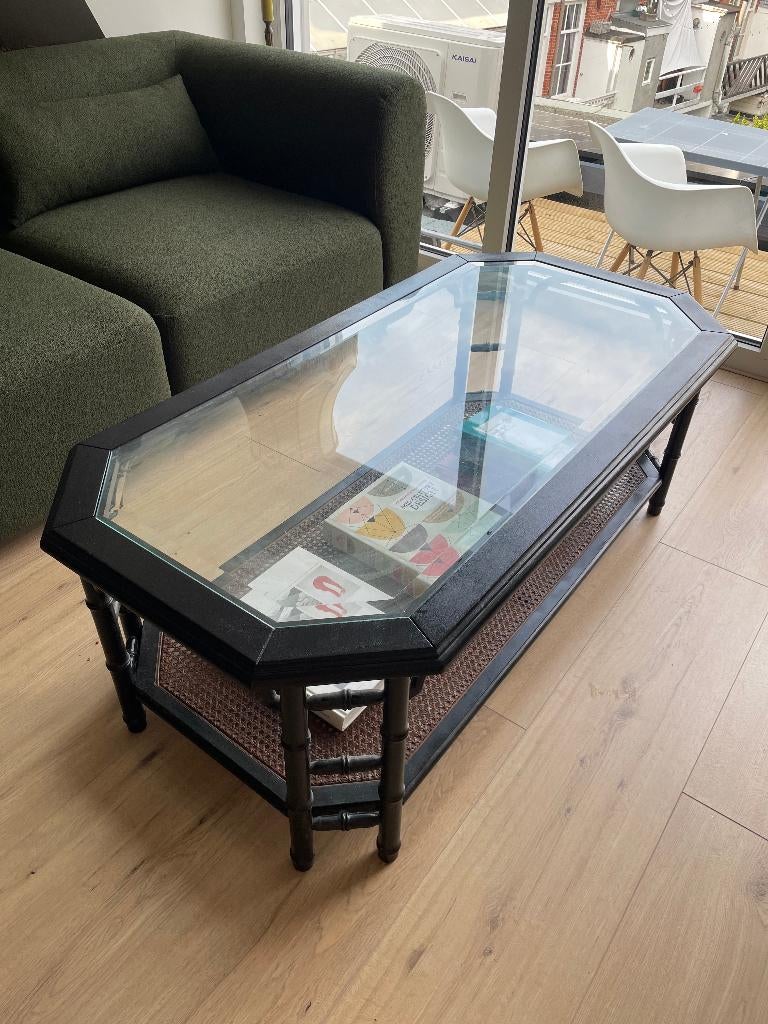 Vintage salontafel glas bamboe onderstel zwart octagonaal, Ophalen, Gebruikt, 100 tot 150 cm, Glas