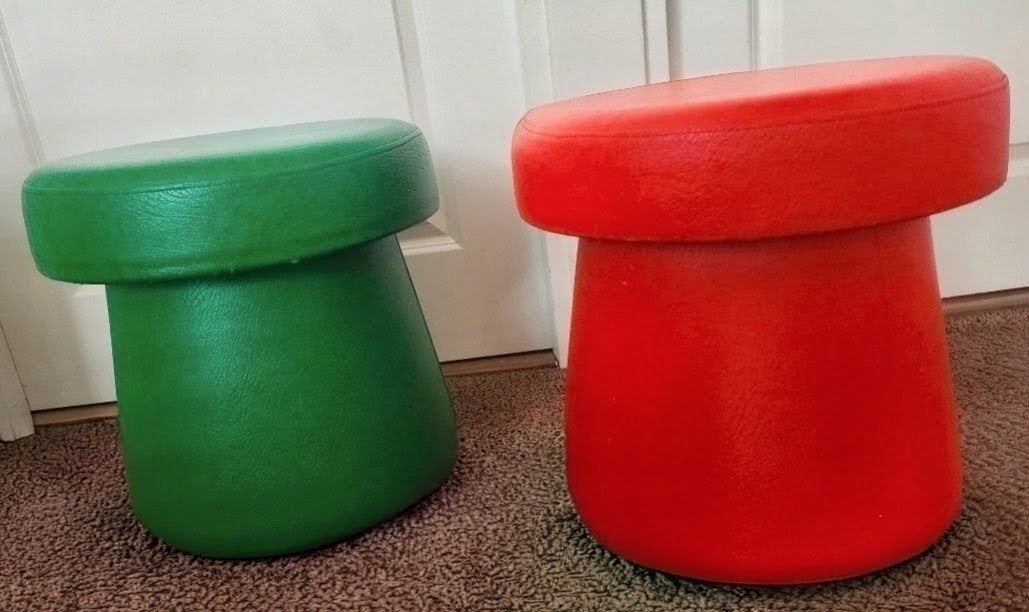 Retro Vintage Poefs - Groen en Oranje, Overige materialen, Minder dan 50 cm, Gebruikt, Rond