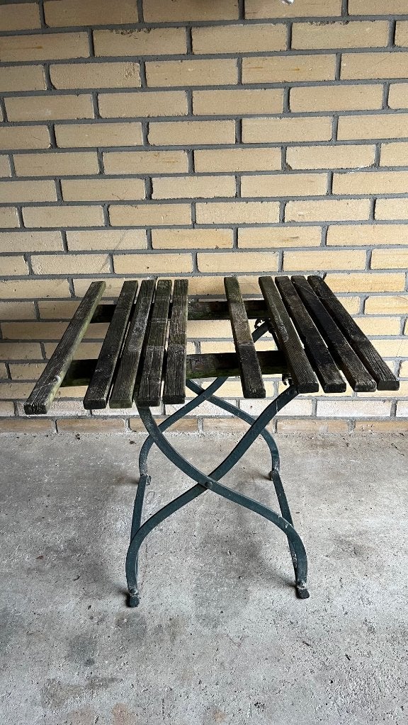 Antiek bistro set tafel en twee stoelen, Ophalen, Gebruikt, Vierkant, Metaal