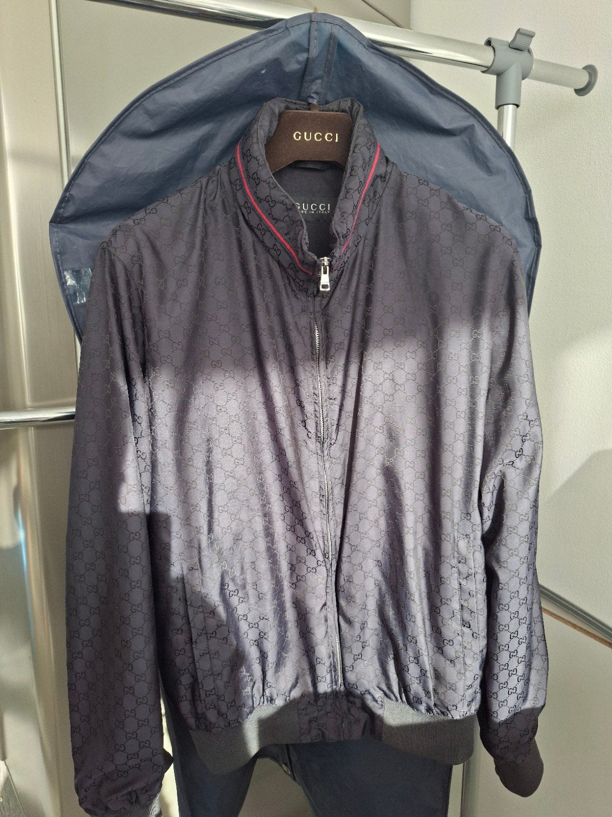 Gucci Jas Orgineel GG Patroon Jacket Navy Limited Edition, Gucci, Ophalen of Verzenden, Zo goed als nieuw, Blauw
