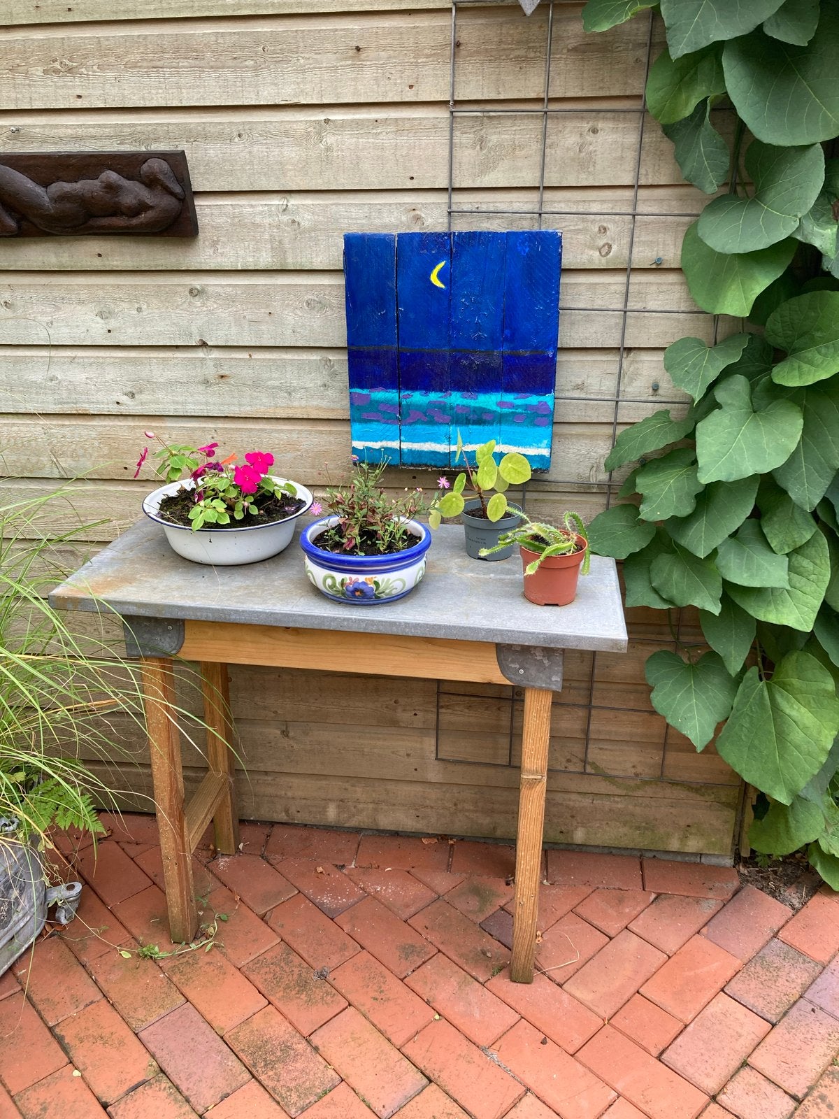 Tuintafel met zinken blad, Tuin en Terras, Ophalen, Gebruikt, Rechthoekig, Hout