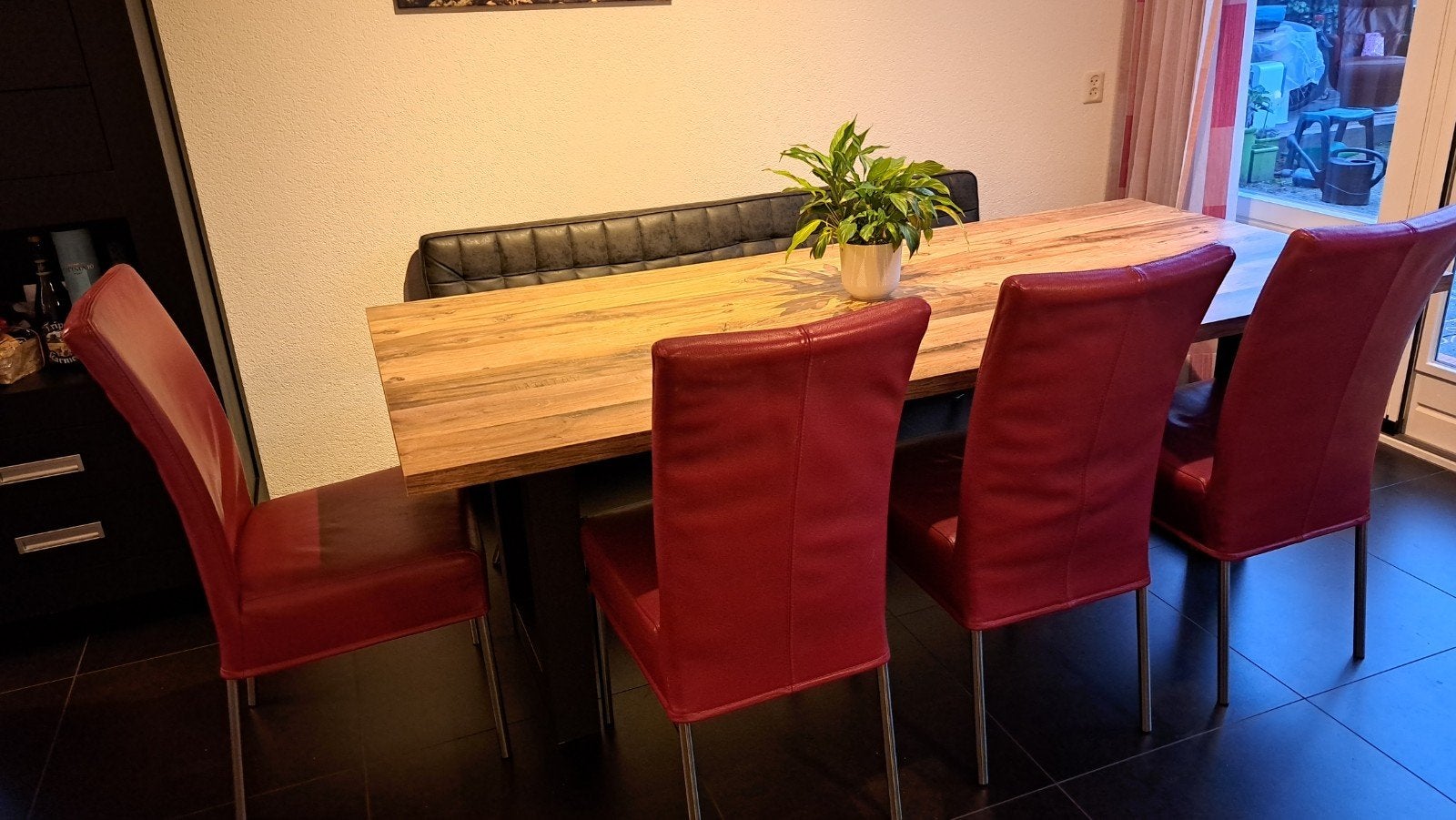 Goossens eetkamerstoelen rood leer met RVS poten, Huis en Inrichting, Ophalen, Gebruikt, Vier, Leer