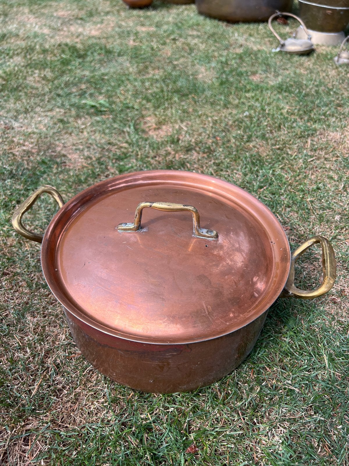 Koperen kookpot met deksel en messing handvatten, Ophalen, Koper
