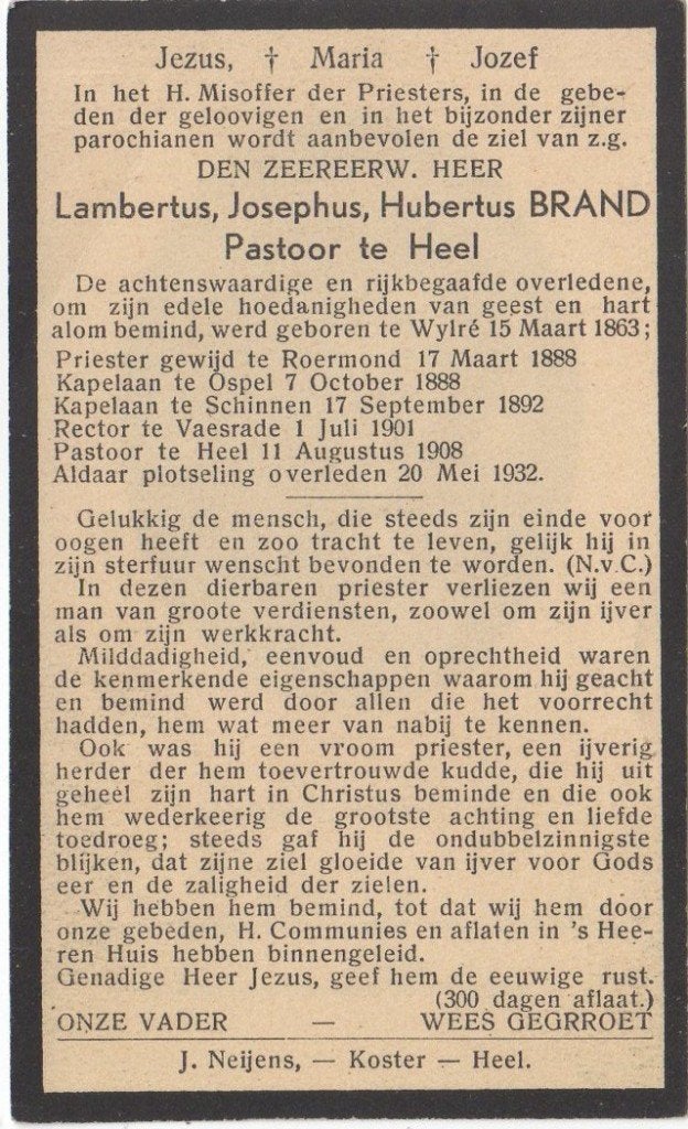 pastoor Lambertus J.H. Brand 1888 Roermond + 1932 Heel, 44 j, Verzenden