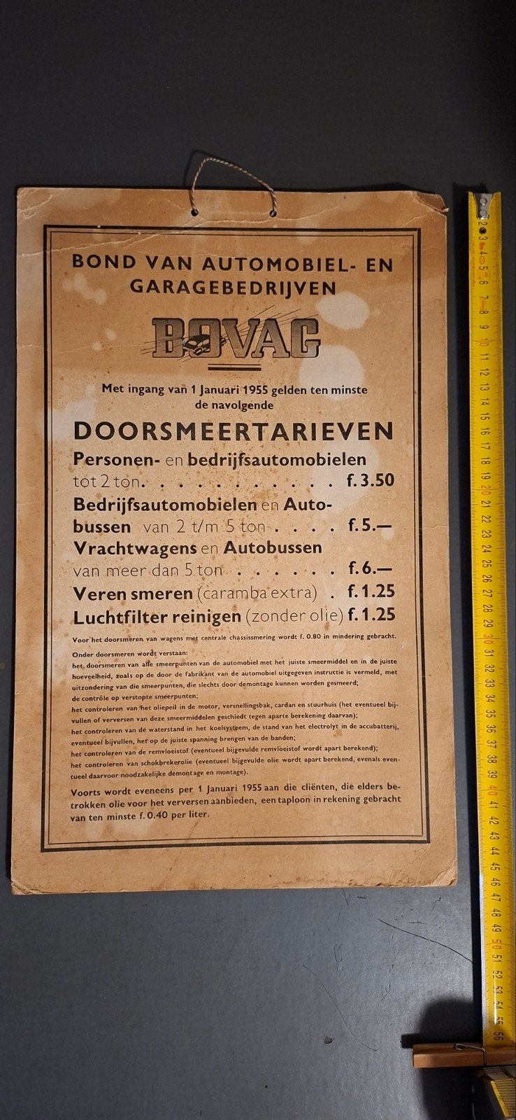 BOVAG Doorsmeertarieven 1955 - Origineel Garagebord, Ophalen of Verzenden, Gelezen, Algemeen, BOVAG