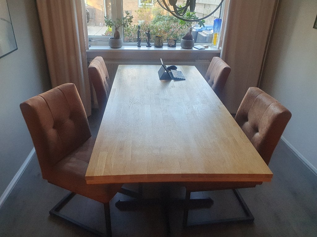 Eettafel eikenblad met stalen frame........200-90-73...., Ophalen, Gebruikt, 50 tot 100 cm, Vijf personen of meer