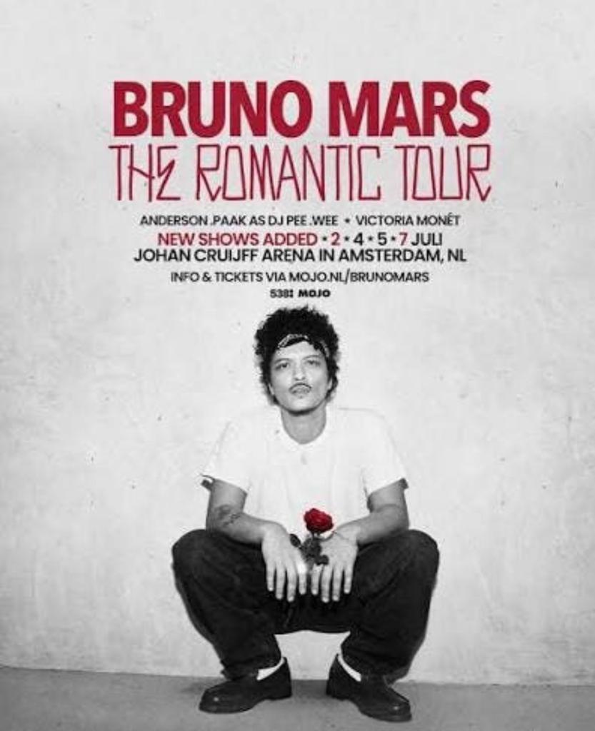 Bruno mars, Romantic tour 2 Juli, Tickets en Kaartjes, Twee personen, Juli