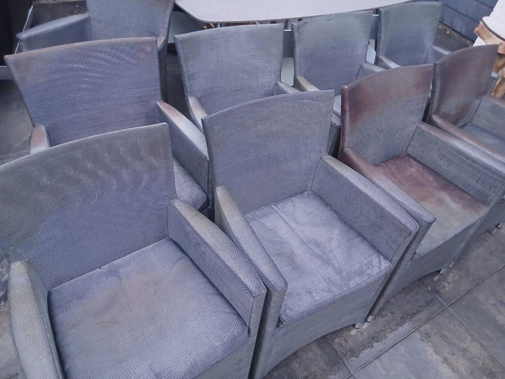 10 gebruikte tuinstoelen met antracietgrijze stof, Verzenden, Gebruikt, Textileen