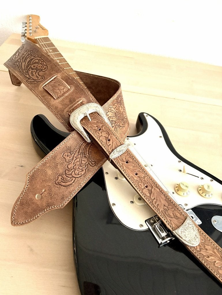 Gitaarband leder GB026 leer guitarstrap lichtbruin 8cm breed, Ophalen of Verzenden, Nieuw, Elektrische gitaar