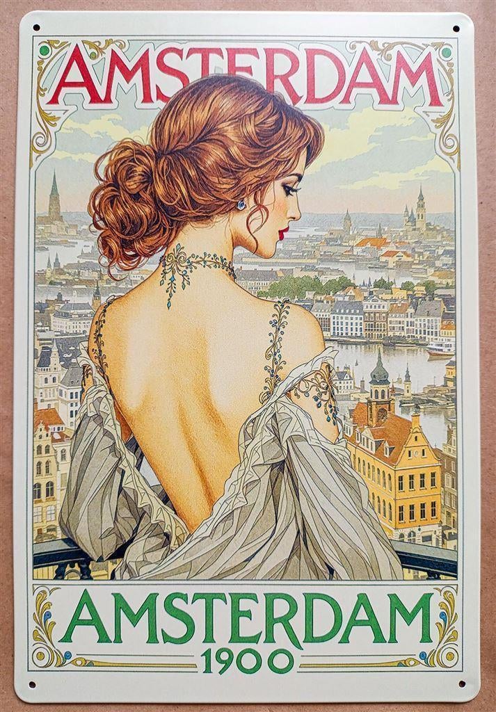 AMSTERDAM 1900 | Alphonse Mucha Metalen Wandbord, Antiek en Kunst, Ophalen of Verzenden