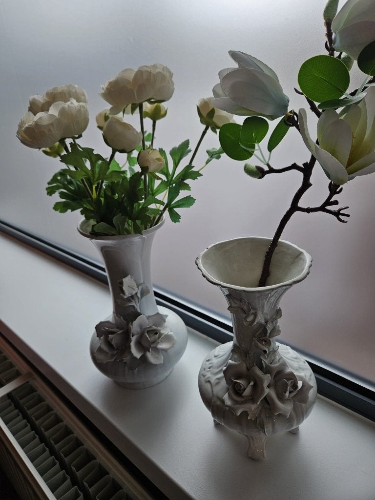 Gedecoreerde vazen (met nepbloem), Huis en Inrichting, Woonaccessoires | Vazen, Ophalen, Inclusief droogbloemen, Wit, Glas