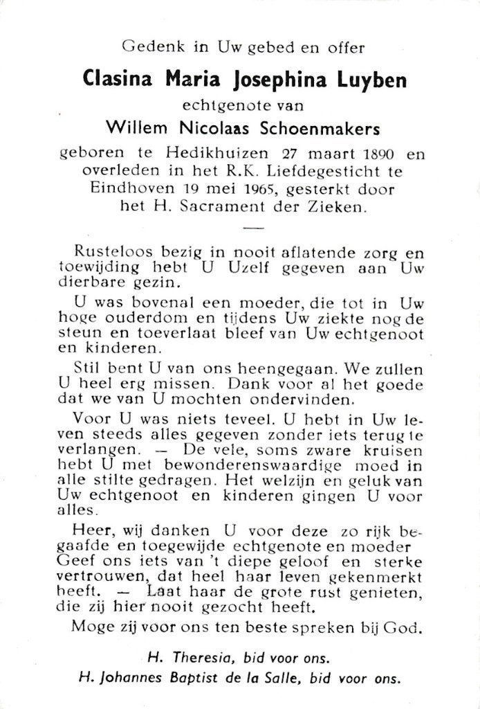 Luyben Clasina 1890 Hedikhuizen 1965 Eindhoven, Verzamelen, Bidprentjes en Rouwkaarten, Ophalen of Verzenden, Bidprentje