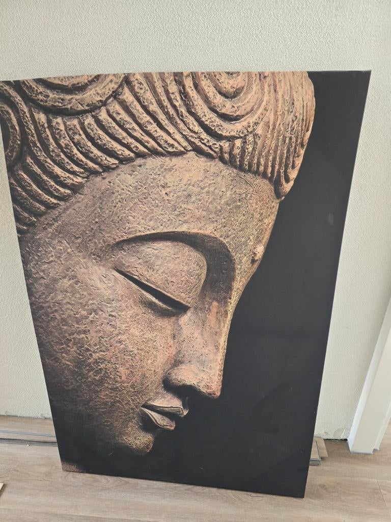 Boeddha Hoofd Canvas Schilderij - Rustgevende Kunst, Huis en Inrichting, Woonaccessoires | Boeddhabeelden, Ophalen, Zo goed als nieuw