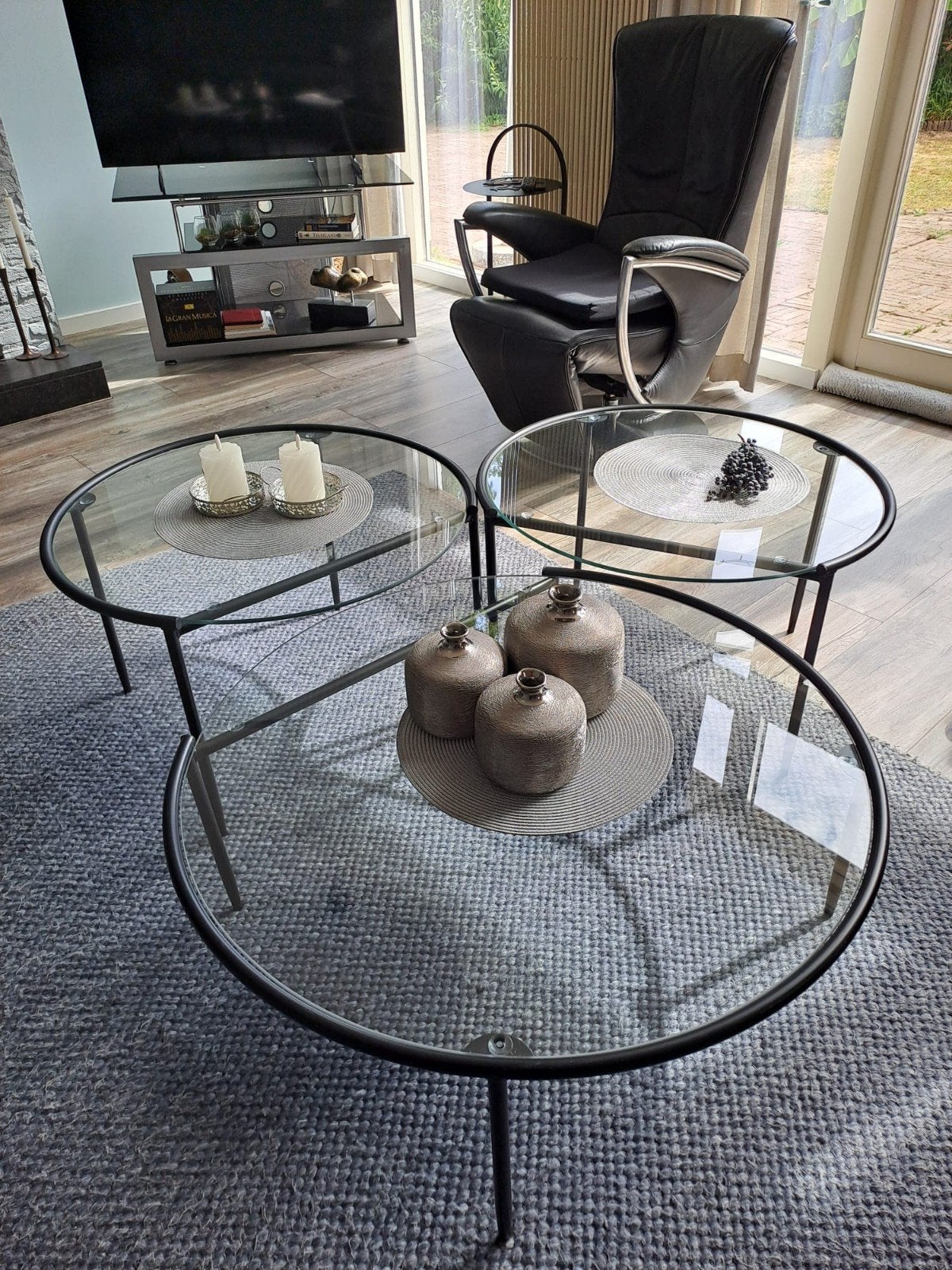 Te koop ...3 erg mooie salontafels (als set) Glazen blad, Ophalen, 50 tot 100 cm, Rond, 50 tot 100 cm