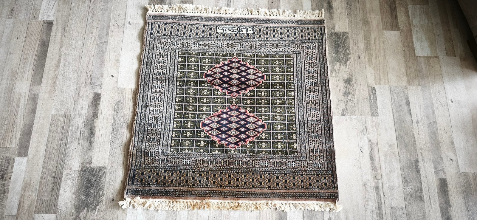Vintage handgeknoopt tapijt 86x79 cm, Gebruikt, 50 tot 100 cm, Vintage, Traditioneel, Groen