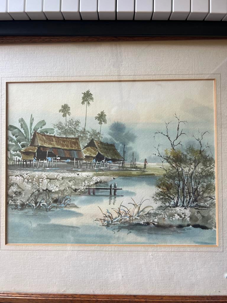 Schilderij met huizen en palmbomen, Antiek en Kunst, Kunst | Schilderijen | Klassiek, Ophalen of Verzenden