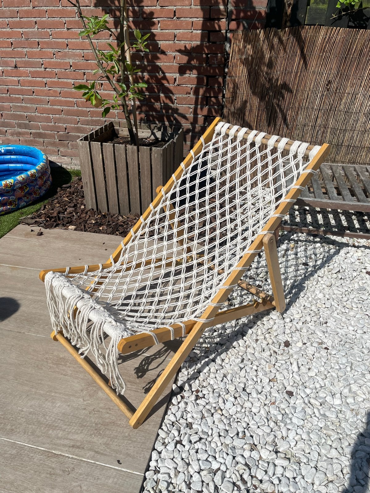 Verstelbare strandstoel van hout met macramé zitting, Ophalen, Gebruikt, Hout, Inklapbaar