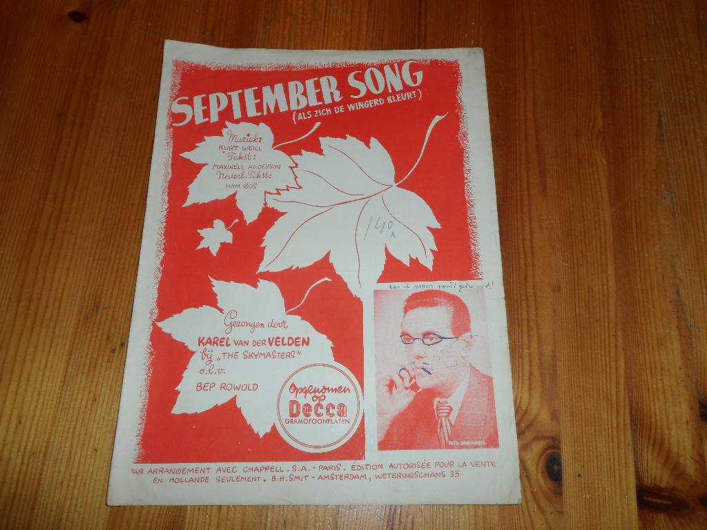 September song - kurt weil / anderson / wim bos, Muziek en Instrumenten, Bladmuziek, Gebruikt, Gitaar, Ophalen of Verzenden, Artiest of Componist
