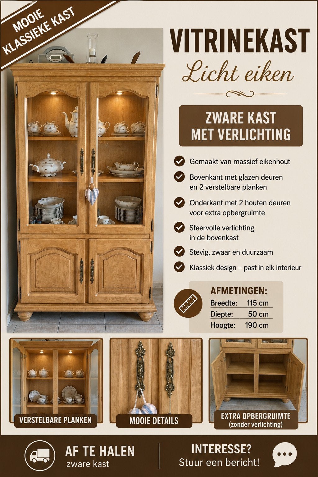 Licht eiken vitrinekast, Ophalen, 100 tot 150 cm, Zo goed als nieuw, 150 tot 200 cm